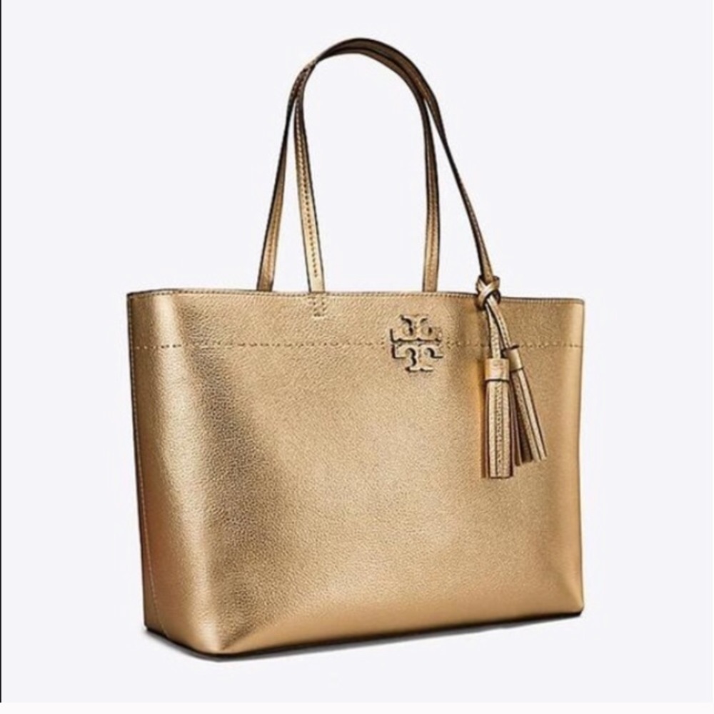 Tory Burch Gold Metallic Holiday Tassle McGraw Tote EXCELLENT CONDITION